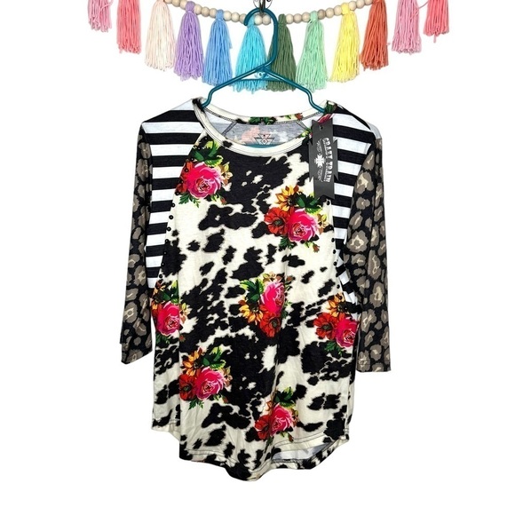 Crazy Train Western Cow Floral Leopard Print Studded 3/4 Sleeve Top Size Small - Picture 1 of 11